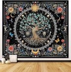 OIOVOIO Tree of Life Tapastry Sun and Moon Tapastry Bohemian Hippie Wishing Tree Tapestries Nature Flower Plant Butterfly Tapestries for Home Decor Bedroom Living Room Dorm Decor (59"x51", Black)
