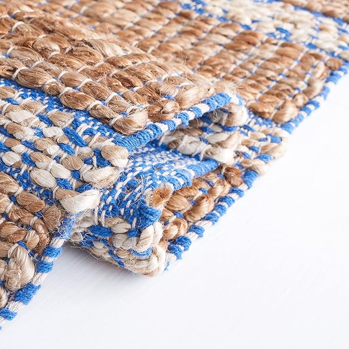 SAFAVIEH Natural Fiber Collection Area Rug - 9' x 12', Blue & Natural, Handmade Flat Weave Stripe Jute & Cotton Jute, Ideal for High Traffic Areas in Living Room, Bedroom (NFB655M)
