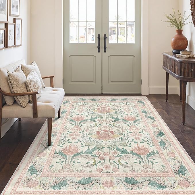 Bavni 5x7 Area Rugs for Living Room, Microfiber Machine Washable Non-Slip Vintage Floral Rug, Low Pile Lightweight Carpet for Bedroom, Dining Room, Home Office, Beige&Pink