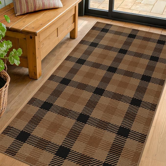 Neutral 3x6 Area Rug Indoor Entrance - Easy Jute Brown Checkered Rug for Entryway, Kitchen, Small Living Room, Earthy & Coffee Rustic Accent Décor