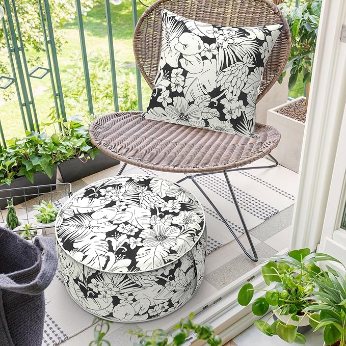 Inflatable Ottoman Stool D21 xH9 for Outdoor/Indoor Use, Water Repellent Patio Foot Rest with Portable Handle,Round Pouf Ottoman Suitable for Garden,Deck and Camping-Tropical Blossom Noir