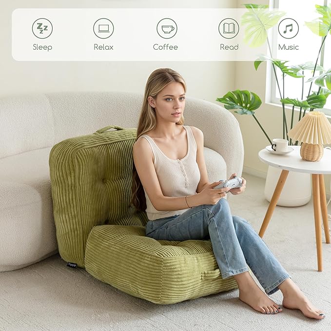 HIGOGOGO 8" Extra Thick Floor Pillow Cushion for Adults, Meditation Cushion Pillow, Large Square Floor Sitting, Tufted Corduroy Cover, for Tatami Living Room or Yoga, 22x22 Inch, 2Pack, Green
