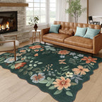 Lahome Floral Washable Living Room Rugs, 5x7 Green Area Rugs for Bedroom ‎‎‎‎Nursery, Ultra-Thin Soft Non-Slip Stain Resistant Boho Throw Carpet for Dining Room Office Flore, Dark Green