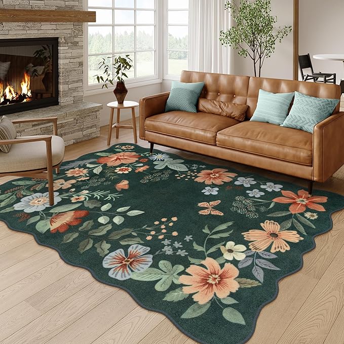 Lahome Floral Washable Living Room Rugs, 5x7 Green Area Rugs for Bedroom ‎‎‎‎Nursery, Ultra-Thin Soft Non-Slip Stain Resistant Boho Throw Carpet for Dining Room Office Flore, Dark Green