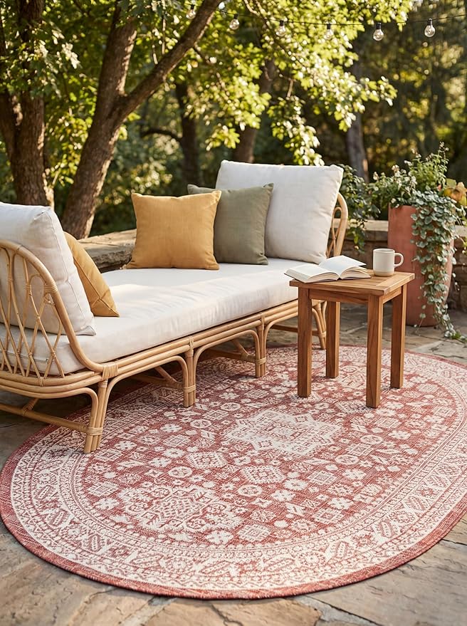 Rugs.com Outdoor Aztec Collection Rug – 5' x 8' Oval Rust Red Flatweave Rug Perfect for Living Rooms, Large Dining Rooms, Open Floorplans
