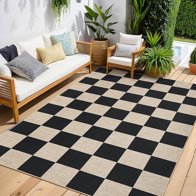 GarveeHome Checkered Easy Jute Area Rug 10x13 Machine Washable Non-Slip Stain Resistant Indoor Outdoor Rugs for Living Room, Bedroom, Kitchen, Dining, Patio Farmhouse Style Black