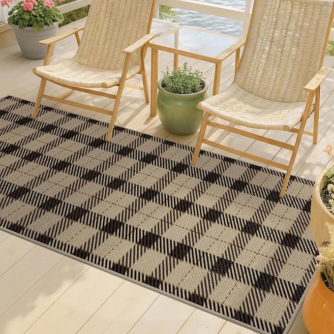 Entryway Rug Runners for Hallways Non Slip - 2x6 Jute Boho Runner Rug for Kitchen Floor, Indoor Outdoor Entrance, Hall Way, Washable No Shed Neutral Easy Jute Sisal Black and Tan Checkered Plaid