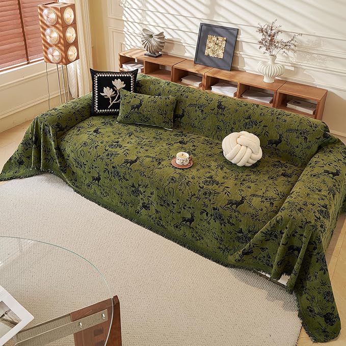 ROOMLIFE Green Sofa Cover, Vintage Boho Couch Cover for 3 Cushion Sofa, Non Slip Soft Chenille Sofa Slipcovers for Dog, Washable Furniture Sofa Protector Cover with Tassel for Living Room, 71''X118”