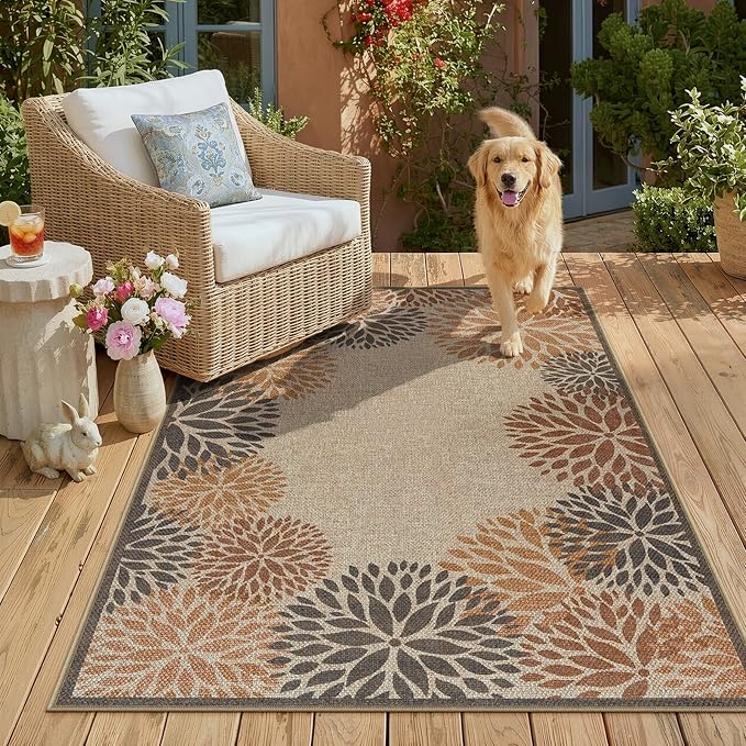 LIVEBOX Modern 3x5 Jute Outdoor Patio Rug, Washable Rugs for Entryway Porch, Tropical Floral Boho Farmhouse Carpet, Non Slip Front Door Mat for Outdoor Indoor Entryway Guestroom Decor (Beige 3'x5')