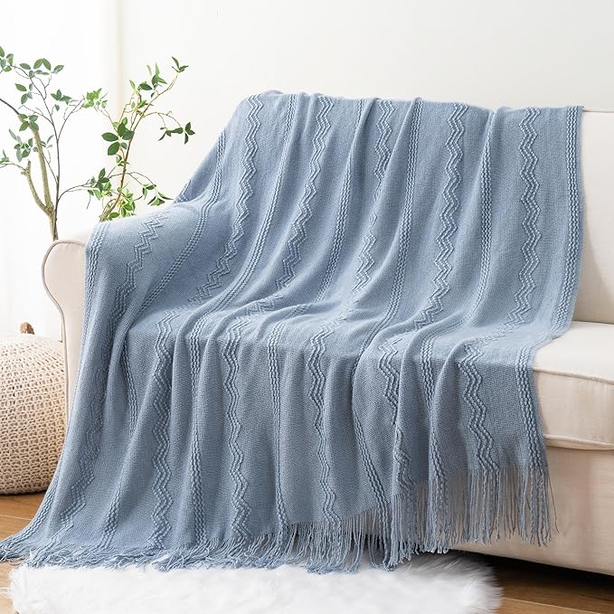 BATTILO HOME Bluish Grey Throw Blanket for Couch, Soft Knit Throws with Tassels for Home Decor, Blue Blankets and Throws for Bed Sofa, 50"x60"