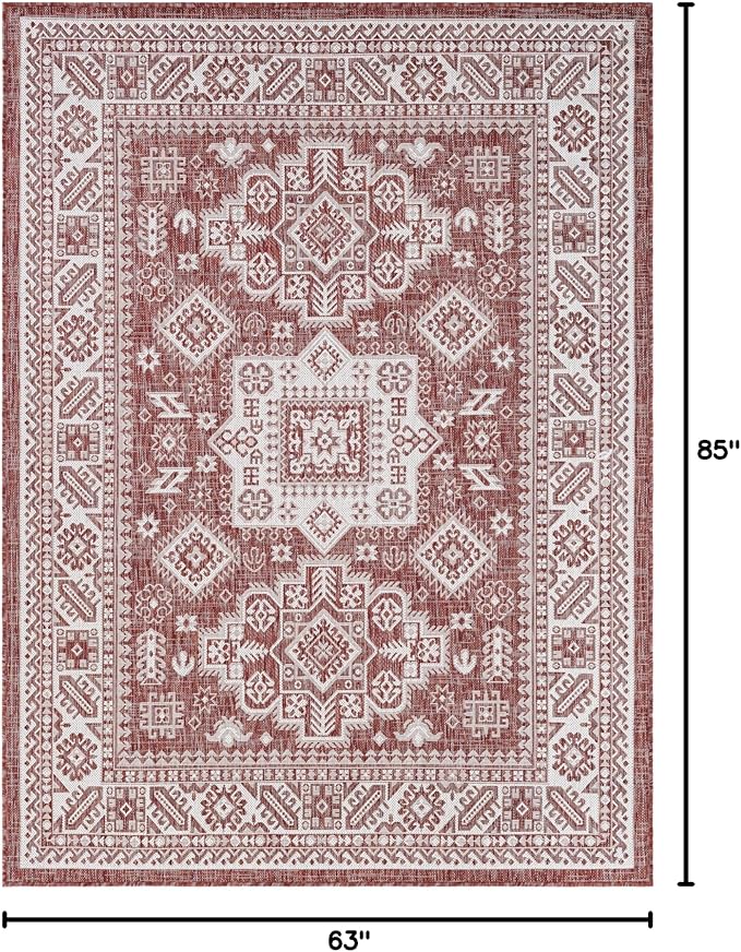 Rugs.com Outdoor Aztec Collection Rug – 5x7 Rust Red Flatweave-Pile Rug Perfect for Living Rooms, Large Dining Rooms, Open Floorplans