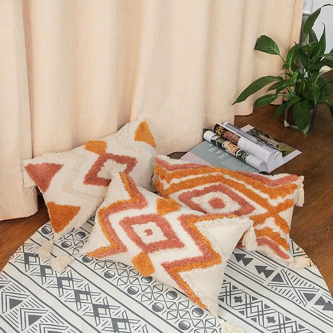 Merrycolor Boho Lumbar Throw Pillow Cover 12x20 inch,Bohemian Tufted Decorative Pillow Covers with Tassels for Couch Sofa Bedroom Living Room