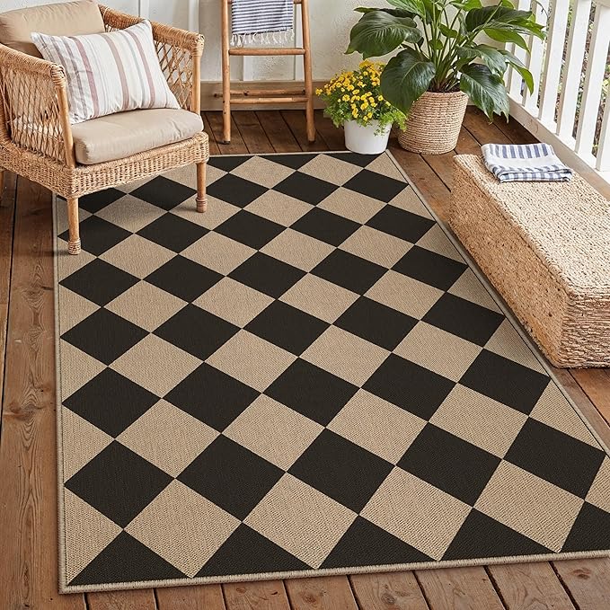 4x6 Checkered Easy Jute Area Rug for Living Room Checkerboard Washable Indoor Outdoor Carpet Farmhouse Patio Office Mat Geometric Non Slip Black Carpet for Dorm Backyard Dining Room