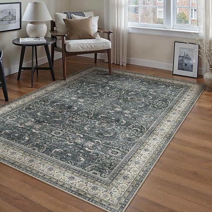 HUGEAR Area Rug 5x7 Vintage Black Machine Washable Living Room Rugs Distressed Retro Floral Vacuumable Low Pile Carpet Bedroom Office Dining Room Laundry Room Non Slip Soft Lightweight