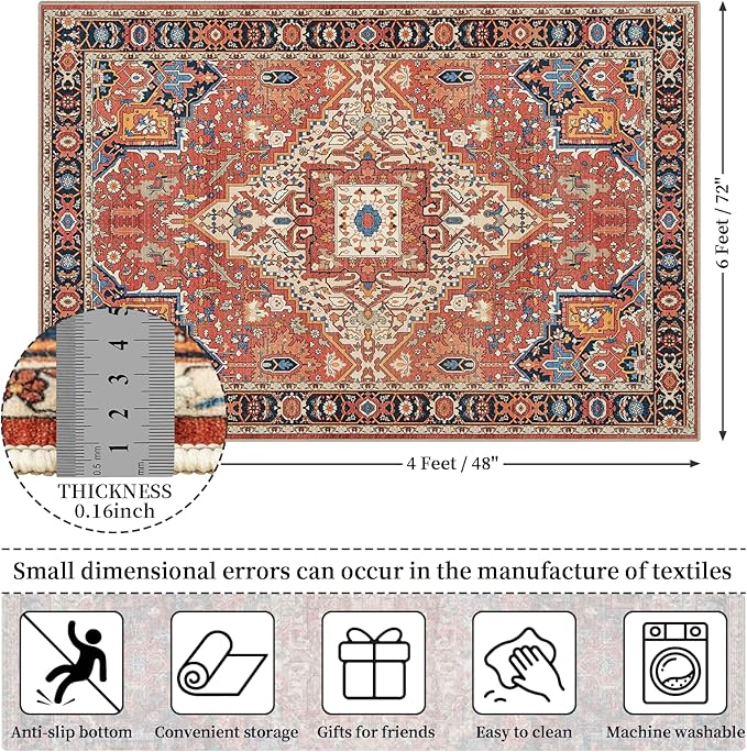 Amearea Vintage Design Orange Area Rugs for Living Room, 4x6 Machine Washable Floral Collection Traditional Bedroom Rug, Low Pile Dinning Room Carpet, No Slip Office Kitchen Home Decor, Orange