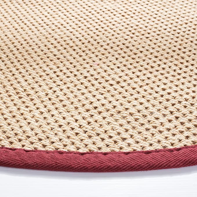 SAFAVIEH Area Rug 4' Round - Natural Fiber Collection - Maize & Burgundy, Sisal, Woven Design with Border (NF141D)