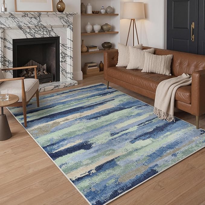 GENIMO 5X7 Washable Modern Area Rugs for Living Room, Non-Slip Low Pile Chenille Print Rug, Soft Rugs for Bedroom Dining Room Home Office, Sage & Tide
