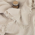 FOSSA Muslin Blanket with Fringe - 4-Layer 100% Cotton Gauze Super Soft & Breathable Throw -Lightweight Decorative Cooling Blanket for Bed, Sofa, Office -Throw XL Size 50" × 70" (Beige)