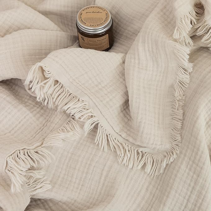 FOSSA Muslin Blanket with Fringe - 4-Layer 100% Cotton Gauze Super Soft & Breathable Throw -Lightweight Decorative Cooling Blanket for Bed, Sofa, Office (Beige, King (104" × 90"))
