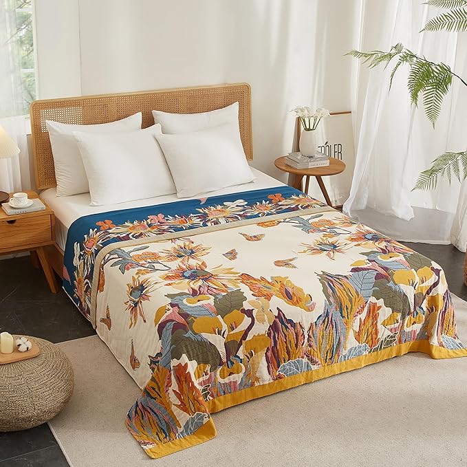 Boho Throw Blanket for Bed 80”x90”, 100% Cotton Woven Blanket for Couch Sofa, Ultra Soft 4-Layer Muslin Quilt with Vintage Floral Printed, Farmhouse Bed Blanket/Cover for Living Room Decor