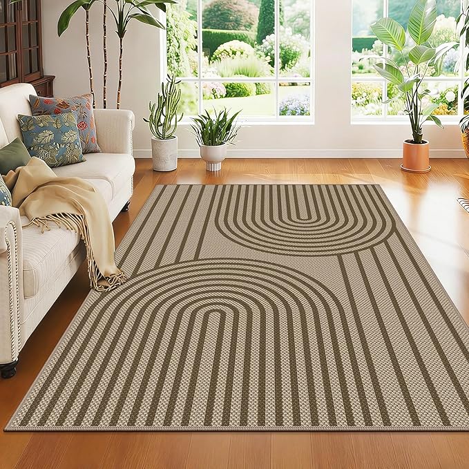 Outdoor Rug 4x6, Easy Jute Rug Non-Slip Indoor Outdoor Carpet, Washable Floor Mat Modern Black Striped Area Rug for Living Room, Bedroom, Patio, Dining Room, Office Area, Brown