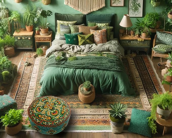 Mandala Life ART Green Round Velvet Pouf Cover - Soft Embroidered Ottoman Slipcover with Moroccan Design, 24 Inch Diameter, Ideal for Living Room, Bedroom, or Meditation Space - Floow Pillow Cushion