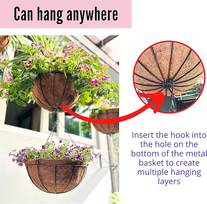 LaLaGreen Hanging Baskets for Plants (6 Pack, 10 Inch) Hanging Planter Outdoor with Coco Liner, Metal Wire Flower Basket Pots Holder Hanger Hook Deck Patio Porch Garden Balcony Outside Decoration