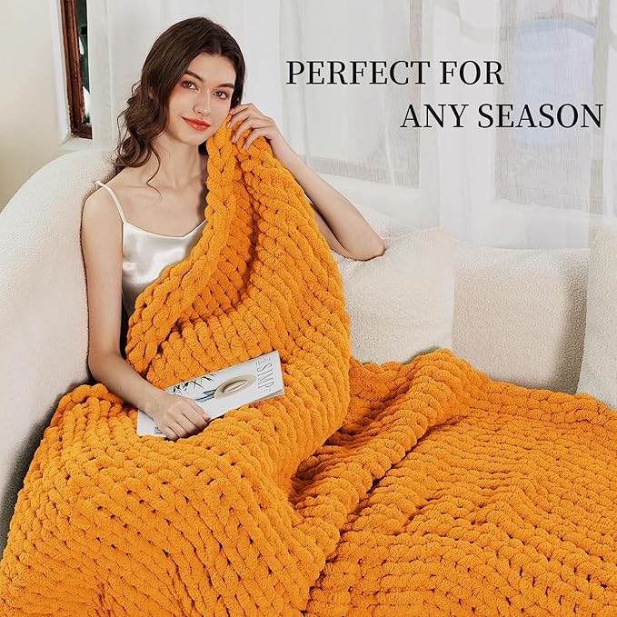 Admitrack Chunky Knit Blanket Throw, 100% Hand Knit Chenille Throw Blanket for Sofa & Home Decor, Soft and Cozy Knitted Throw Blankets (Orange, 51"x63")