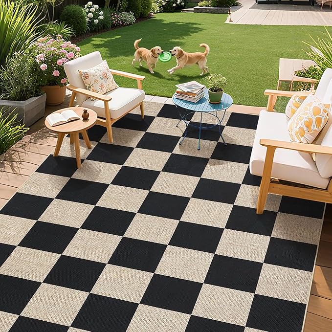 GarveeHome Checkered Easy Jute 5x7 Area Rugs for Living Room Machine Washable Non-Slip Backing Stain Resistant Modern Indoor Outdoor Rugs for Farmhouse Dining Room Patio Black
