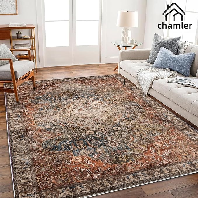 8x10 Area Rug Washable Vintage Traditional Mat Distressed Indoor Foldable Thin Retro Accent Floral Non Slip Carpet Rugs for Living Room Dining Room Office