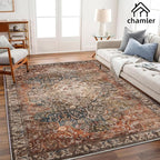 8x10 Area Rug Washable Vintage Traditional Mat Distressed Indoor Foldable Thin Retro Accent Floral Non Slip Carpet Rugs for Living Room Dining Room Office