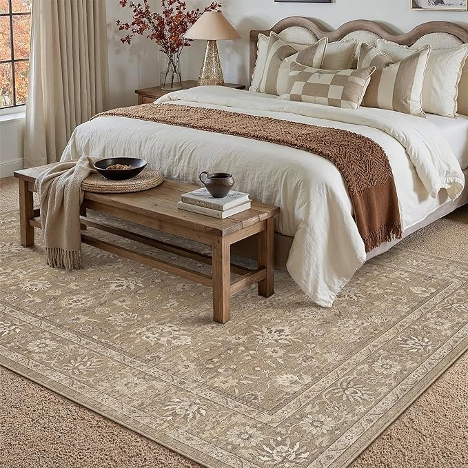 6x9 Area Rug Brown Washable Vintage Carpet Living Room Bedroom Large Non Slip Stain Soft Resistant Low Pile Thin Boho Accent Indoor Throw Rug for Dining Room Office