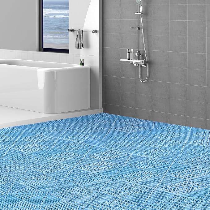 VEVOR Interlocking Tiles, 55Pcs 12 x 12 in, Soft PVC Drainage Tile Mat, Non Slip & Wear-Resistant Splicing Drainage Mat, Floor Tile Drain Holes for Restroom, Bathroom, Kitchen, Pool, Blue