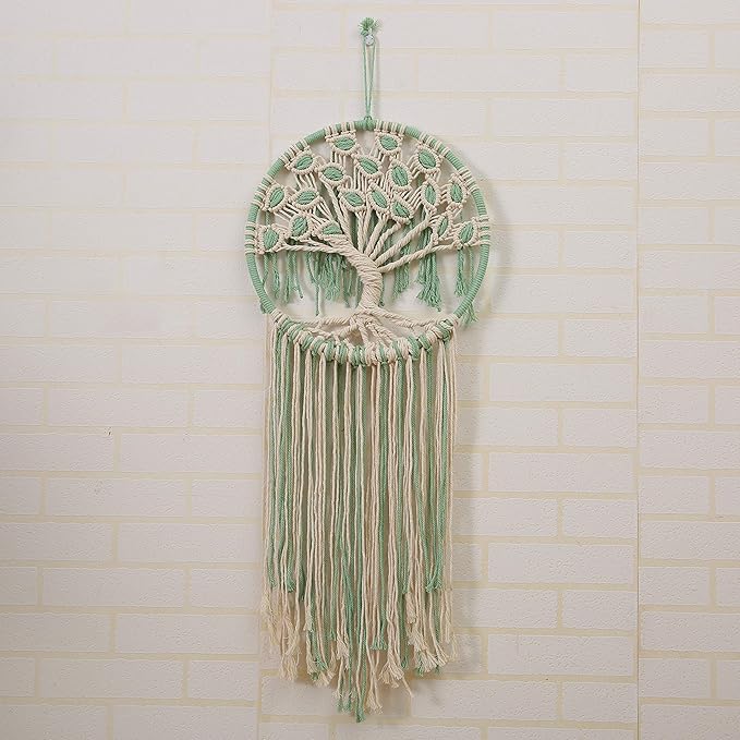 Macrame Wall Hanging Green and White Tree of Life Wall Art Decoration Home Decor Dream Catcher (X-Large)