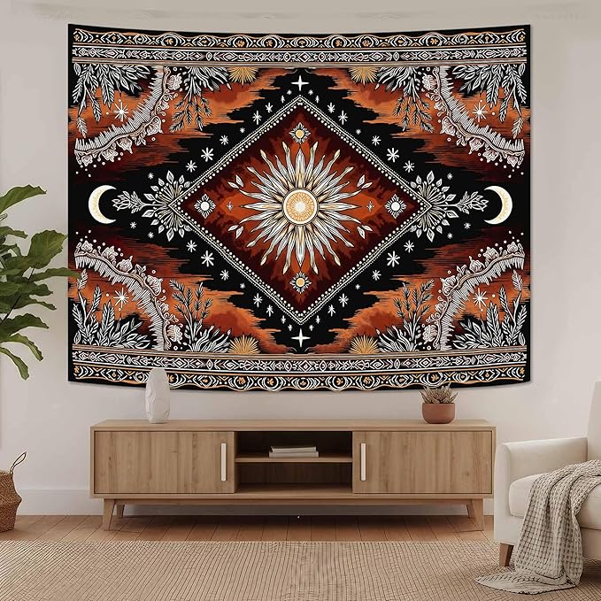 Accnicc Hippie Sun and Moon Tapestry Boho Mandala Floral Wall Tapestry for Bedroom Aesthetic Vintage Plant Celestial Dark Brown Small Tapestries Wall Hanging for Dorm Living Room Decor 60 x 44 Inch