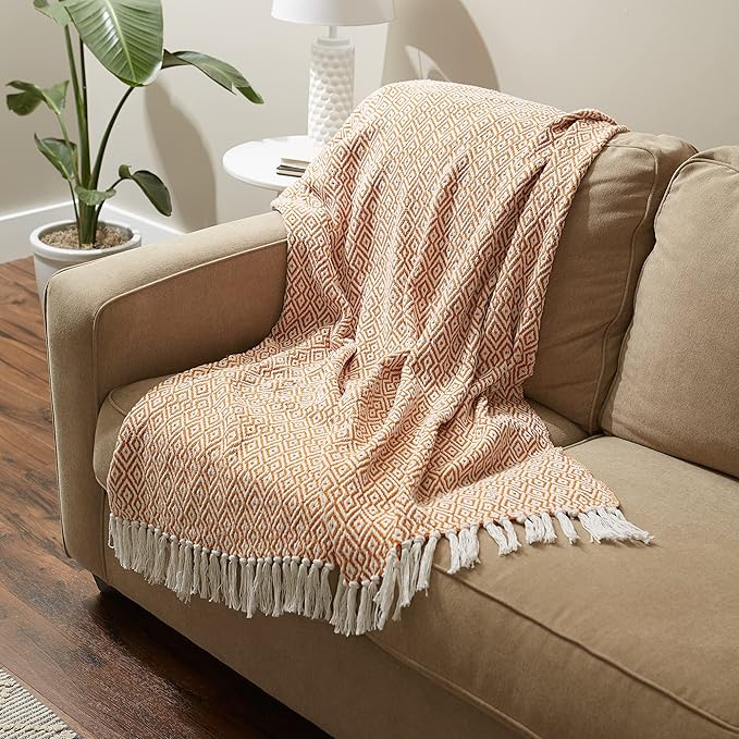 DII Rustic Farmhouse Double Diamond Woven Throw, 50x60, Pumpkin Spice