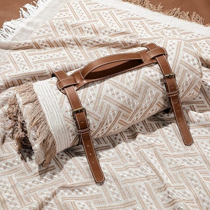 VitalCozy Waterproof Picnic Blankets 71×71 inch Outdoor Blanket Foldable 2 in 1 Double Layer Sandproof Beach Mat with Carry Strap for Camping Lawn Park Beach Grass(Khaki)