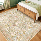 Washable Area Rugs 5x7 for Living Room - Boho Cottagecore Earthy Rugs for Bedroom, Dining Room, Office with Vintage Beige Taupe Botanical & Bird Pattern, Non Slip Stain Resistant Low Pile
