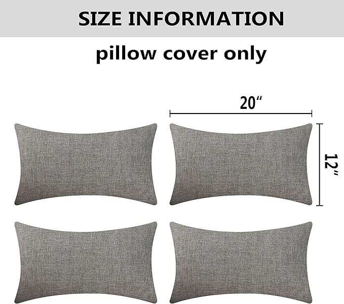 Home Brilliant Pillow Covers 12x20 Set of 4 Lined Linen Rectangle Oblong Throw Pillows for Couch Car Chair, 12 x 20 inch, 30x50 cm, Dark Grey