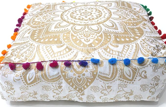 CRAFT KALA 16" Square Large Hippie Mandala Meditation Floor Ottoman Pillow Cushion Pouf Cover Square Poufs Bohemian Circle Floor Cushion Case Outdoor Fireplace Living Decor Cover White Gold Flower
