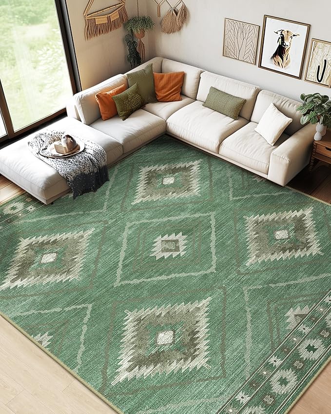 Area Rug 9x12 Rug Machine Washable Non-Slip Low Pile Print Pattern Western for Living Room Bedroom Sage