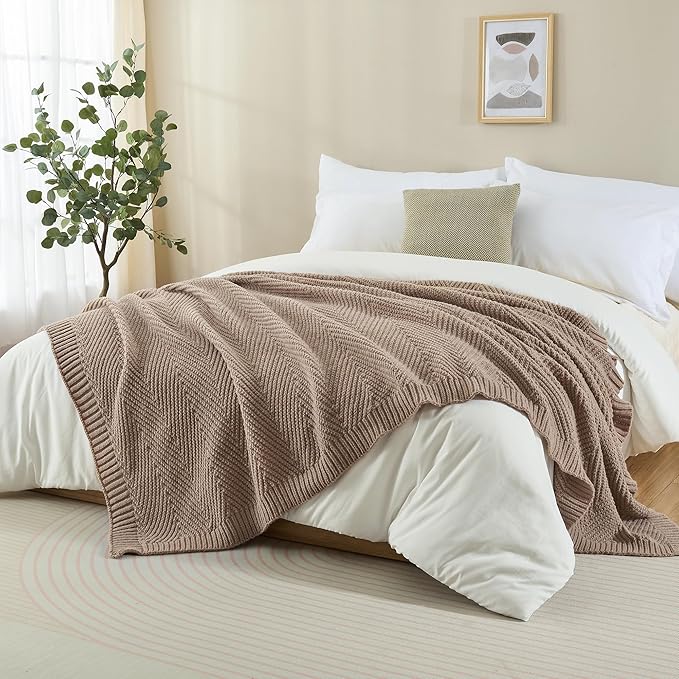 Knitted Throw Blanket 60"X80", Taupe Knit Throws for Bed, Super Soft Boho Chevron Blankets for Couch Sofa Chair Room Decor, Textured Decorative Farmhouse Cozy Lightweight