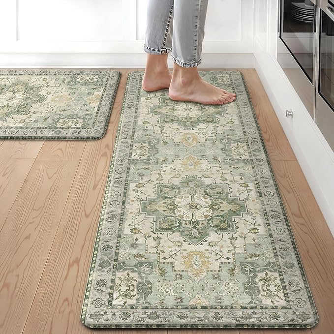 GENIMO Kitchen Mats for Floor 2PCs, Washable Anti Fatigue Mat for Cushioned, 17.3"x47"+17.3"x30", Waterproof Kitchen Rugs, Non Slip Comfort Standing Mat Rug for Home, Sink, Laundry, Light Green