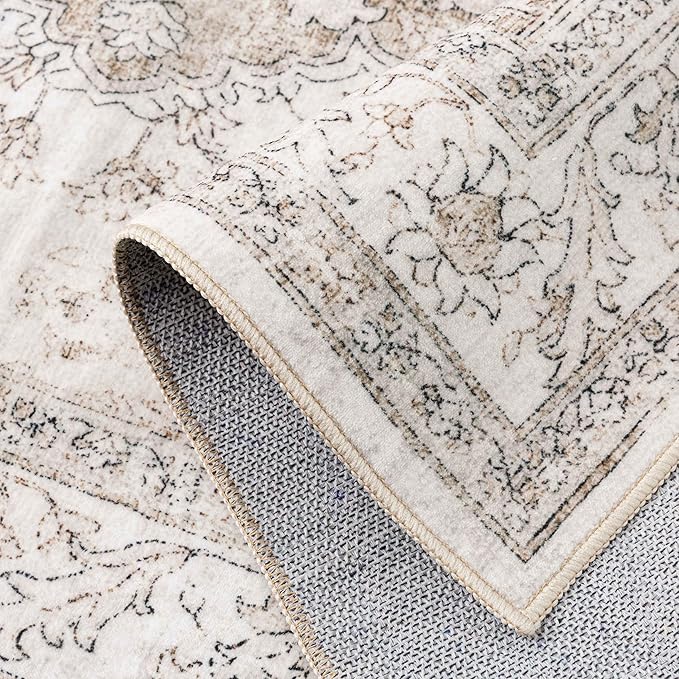 Beige Runner Rug 2'6"x10' Washable Vintage Carpet Hallway Kitchen Soft Retro Low Pile Thin Indoor Bedroom Non Slip Oriental Medallion Long Throw Rug for Bathroom Laundry Dining Room