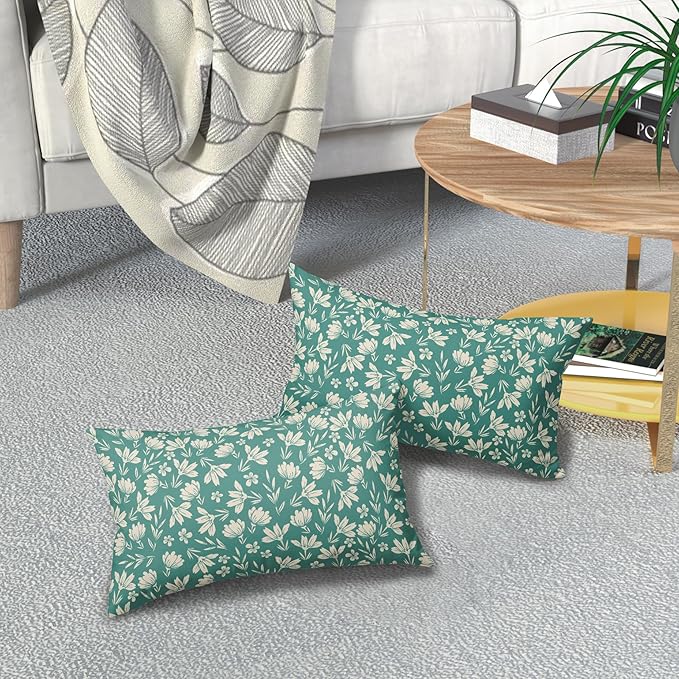 Aqua Pillow Covers 12x20 Set of 2 Vintage Floral Rustic Old Style Cute Flower Print Rectangle Decorative Outdoor Pillowcases Seasonal Farmhouse Throw Cushion Case Couch Sofa Bed Decor