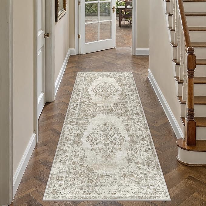 2x4 Runner Rug Beige Washable Hallway Kitchen Bedroom Vintage Distressed Bathroom Non Slip Medallion Floral Carpet Indoor Retro Throw Floor Mat for Office Dining Laundry Living Room