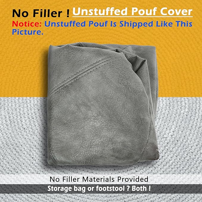 Thgonwid Unstuffed Faux Leather Pouf Cover, Handmade Footstool Ottoman Storage Solution, Floor Footrest Cushion - 16.5”Dx12”H, Grey
