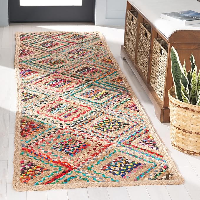 SAFAVIEH Cape Cod Collection Runner Rug - 2'3" x 8', Natural & Red, Handmade Flat Weave Diamond Braided Jute & Denim, Ideal for High Traffic Areas in Living Room, Bedroom (CAP354B)