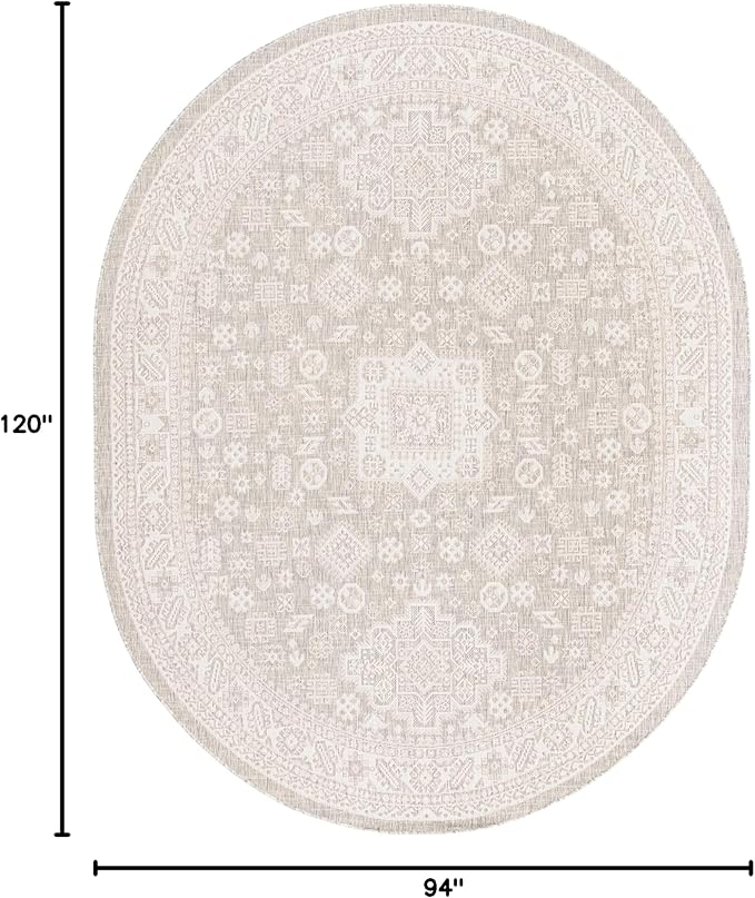 Rugs.com Outdoor Aztec Collection Rug – 8' x 10' Oval Light Gray Flatweave Rug Perfect for Living Rooms, Large Dining Rooms, Open Floorplans