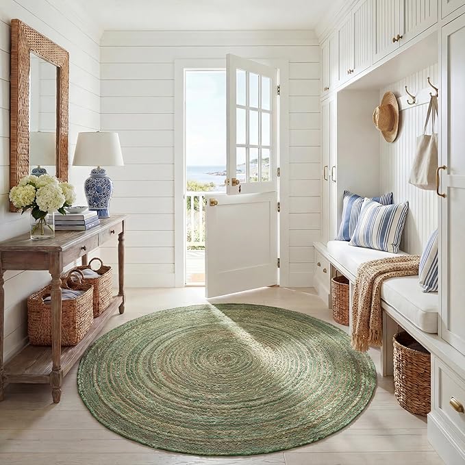 SAFAVIEH Area Rug 6' Round - Cape Cod Collection - Green & Natural Brown, Handmade Jute & Cotton, Woven Braided Design (CAP202Y)